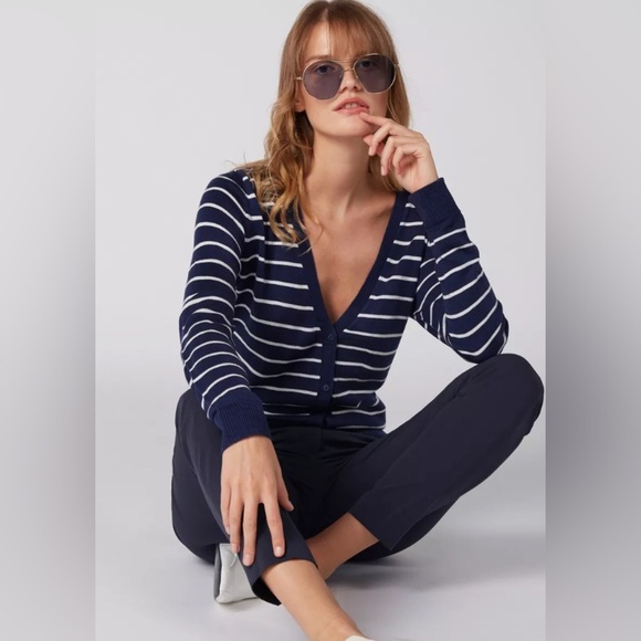 Vince Navy Blue Striped Button Down Tunic Cardigan Sweater - Picture 1 of 8